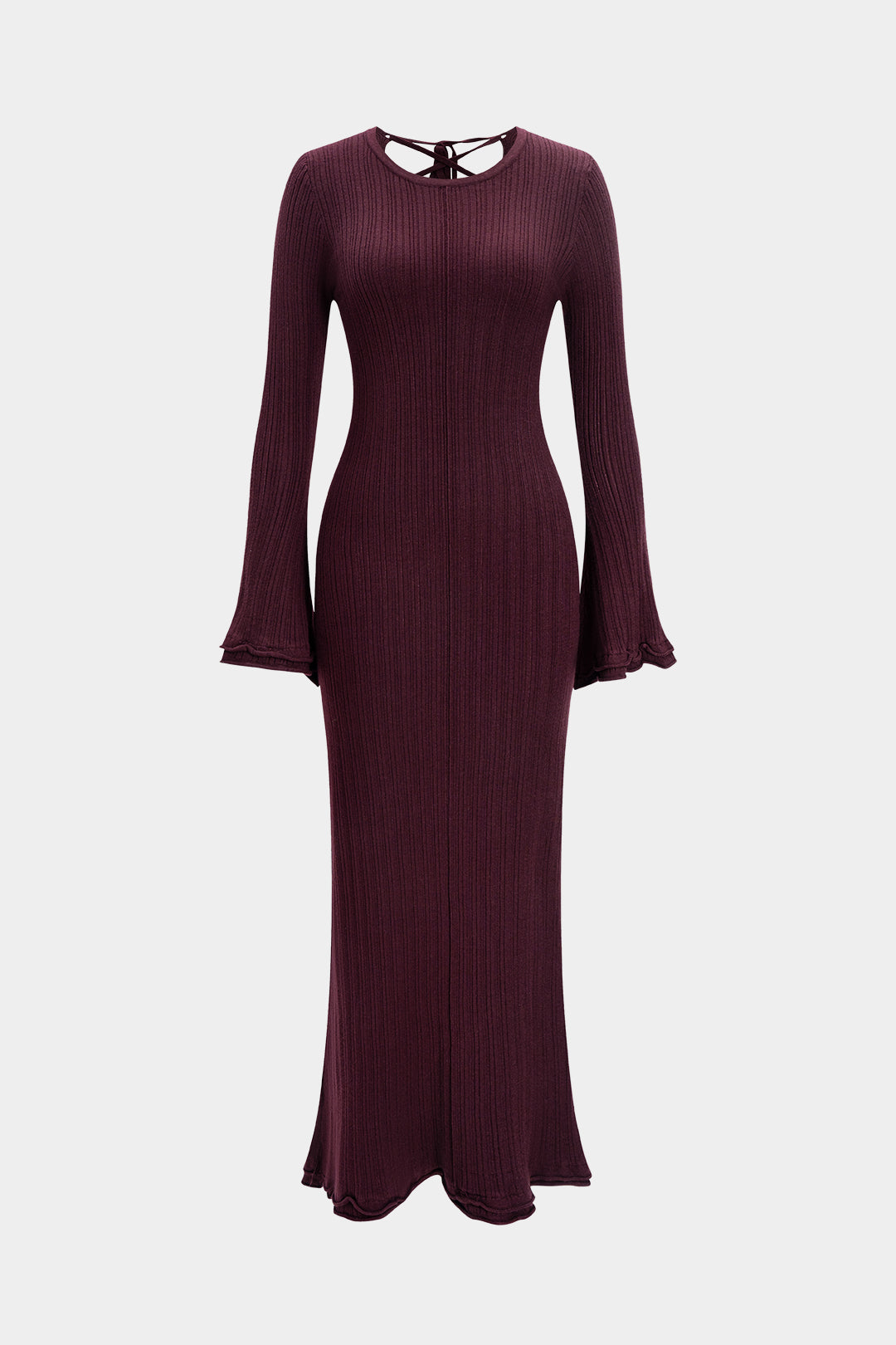 Knit Round Neck Tie-Back Scallop Edge Long Sleeve Dress