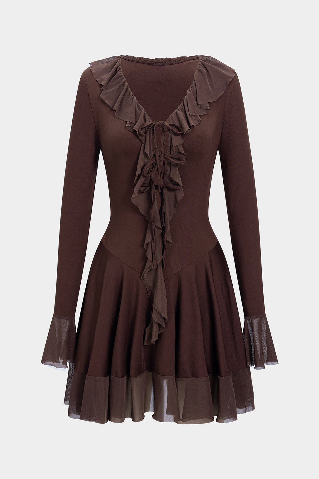 שמלת מיני ארוכת שרוולים עם צווארון V וצווארון V בצבע רשת 