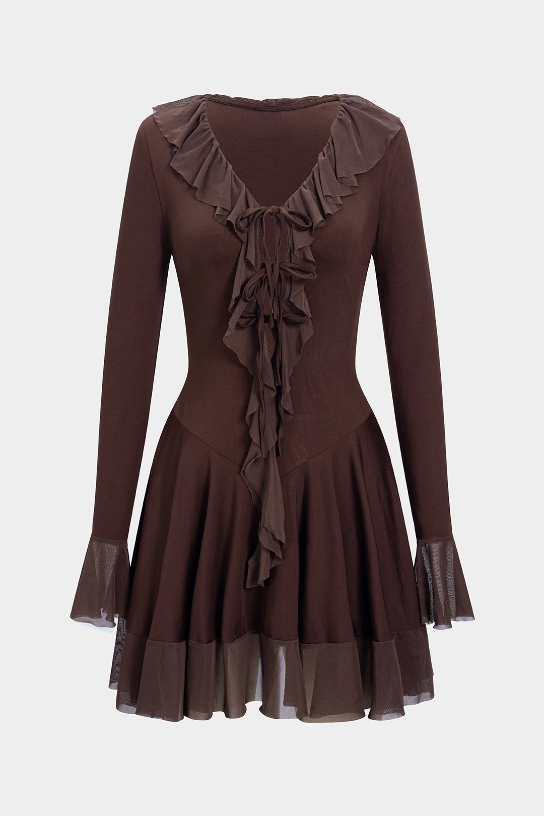 שמלת מיני ארוכת שרוולים עם צווארון V וצווארון V בצבע רשת 