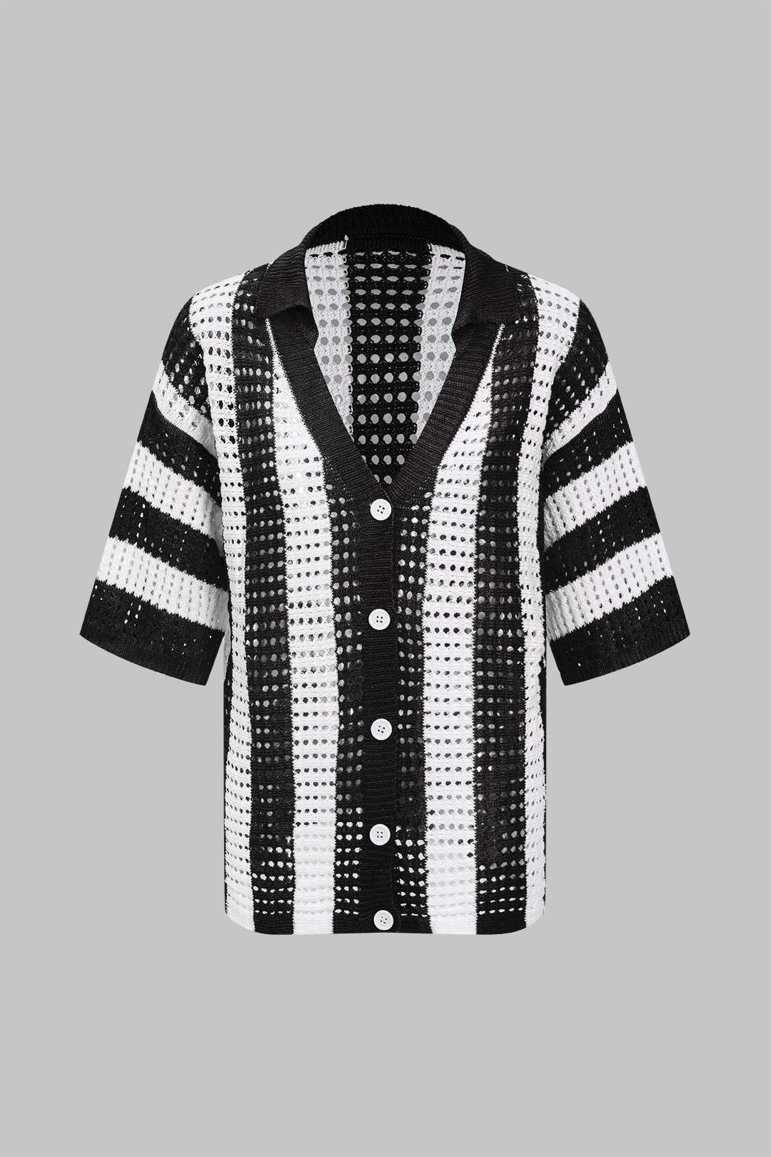 Conjunto Corto de Punto a Rayas Casual con Detalles Calados