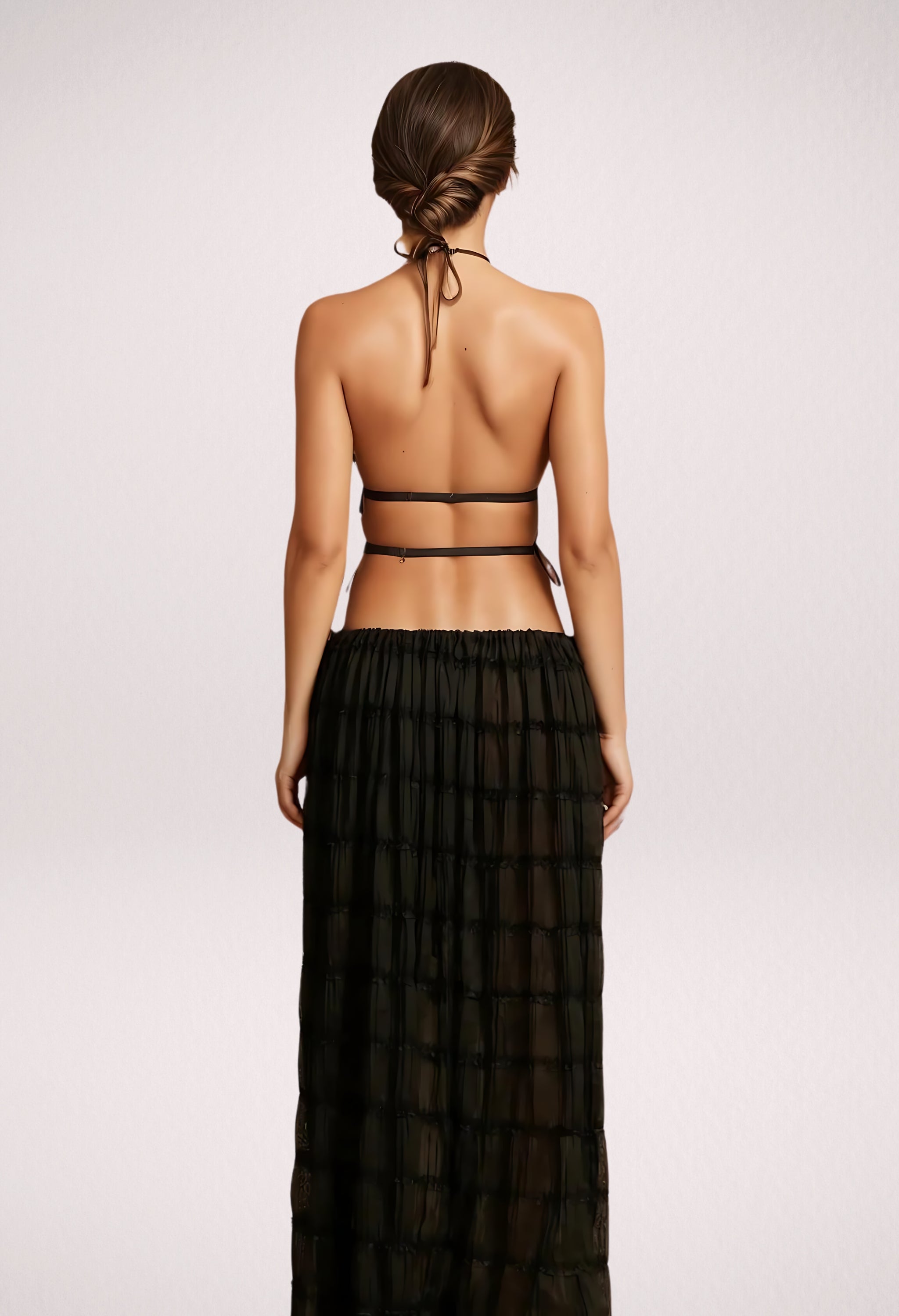 Conjunto Falda Maxi Negra Con Cuello Alto Y Volantes