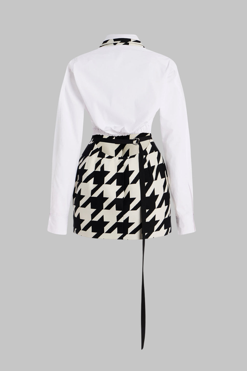 Houndstooth Print Contrast V-Neck Long Sleeve Mini Dress