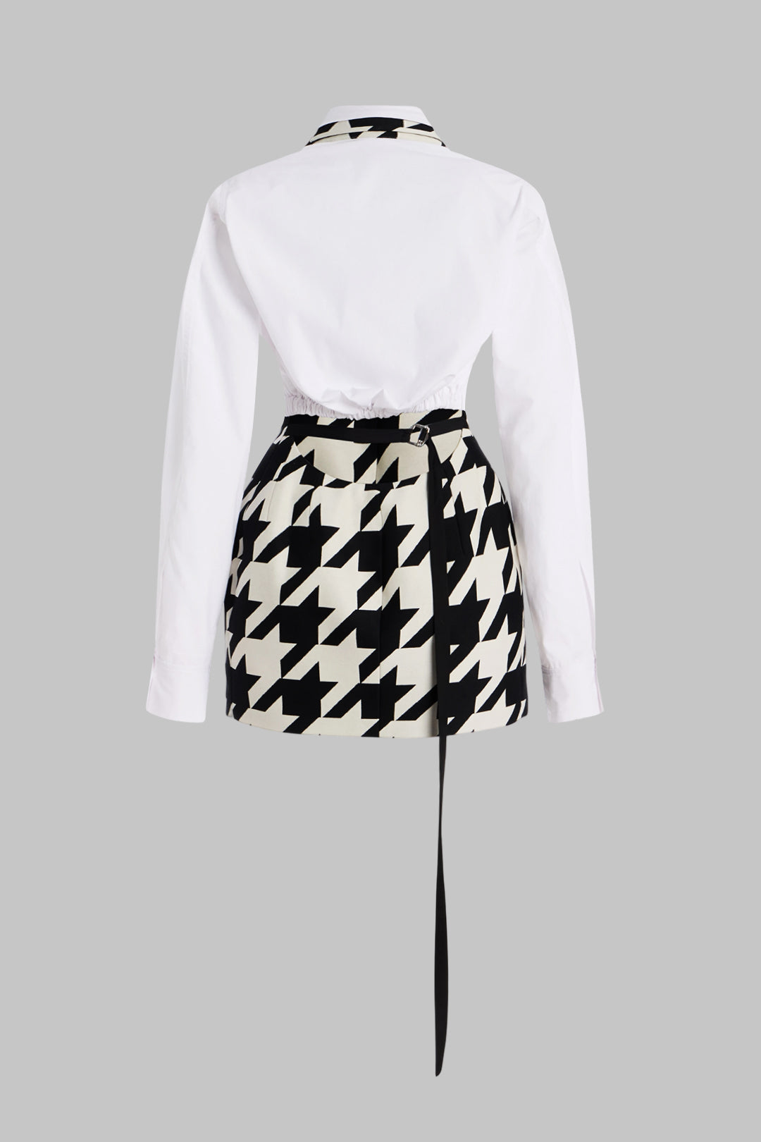 Houndstooth Print Contrast V-Neck Long Sleeve Mini Dress