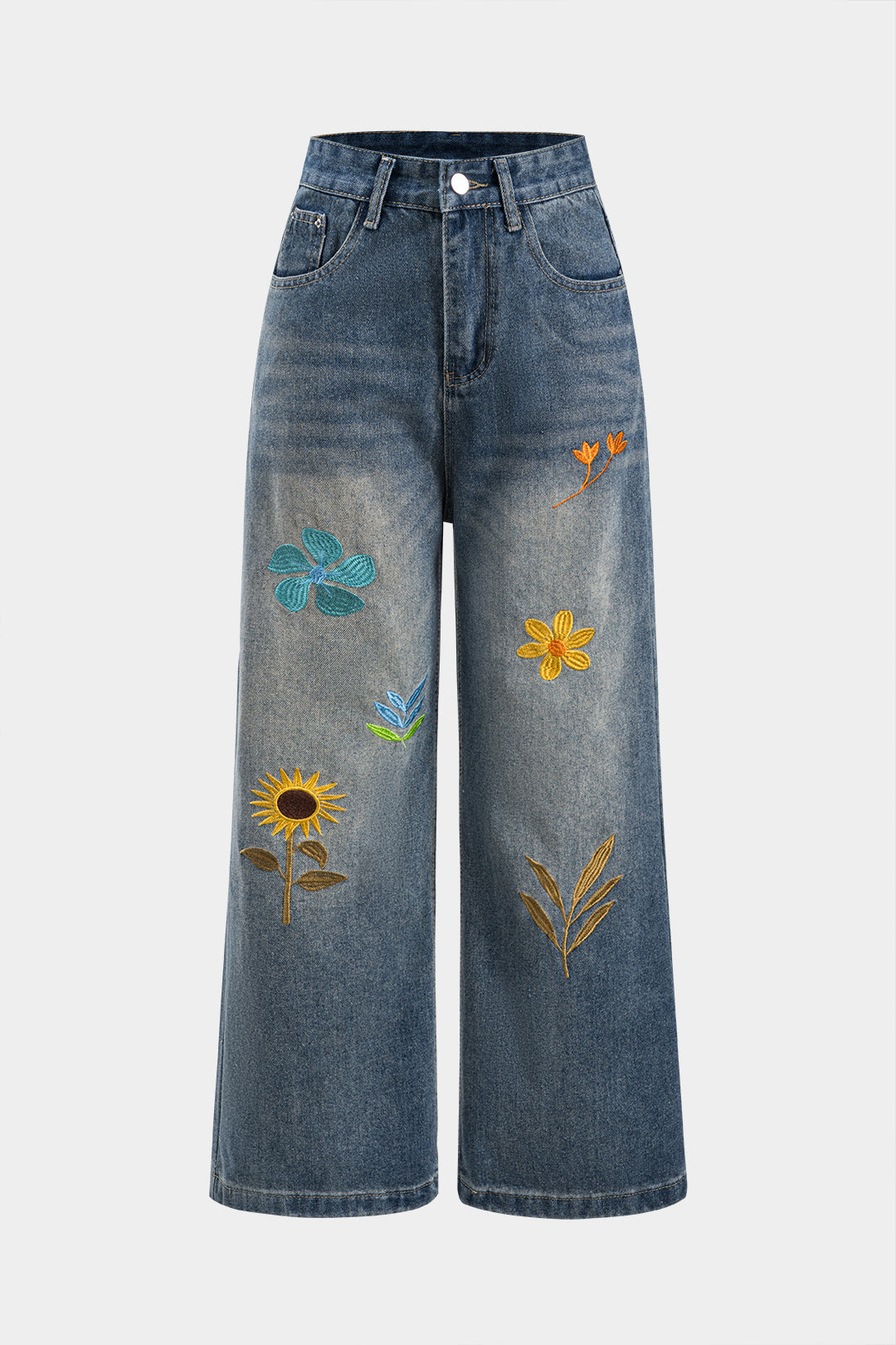 Jeans Rectos de Denim Bordados con Detalles Sutiles