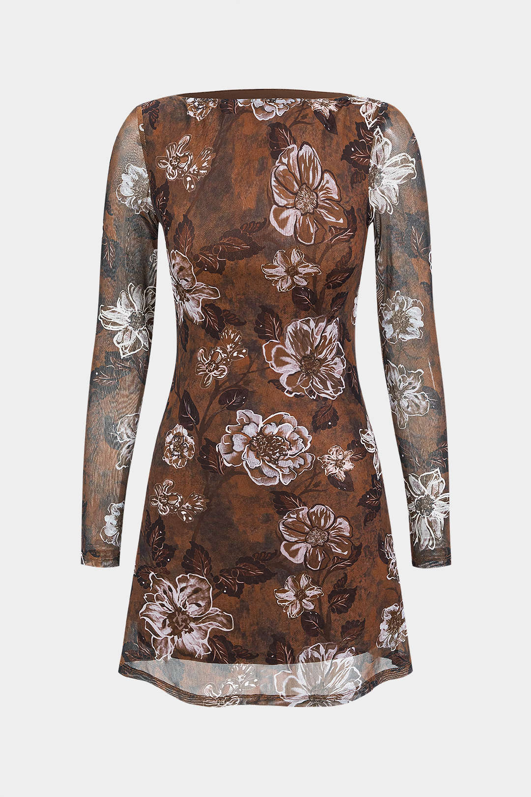 Floral Print Leaves Mesh Long Sleeve Maxi Dress