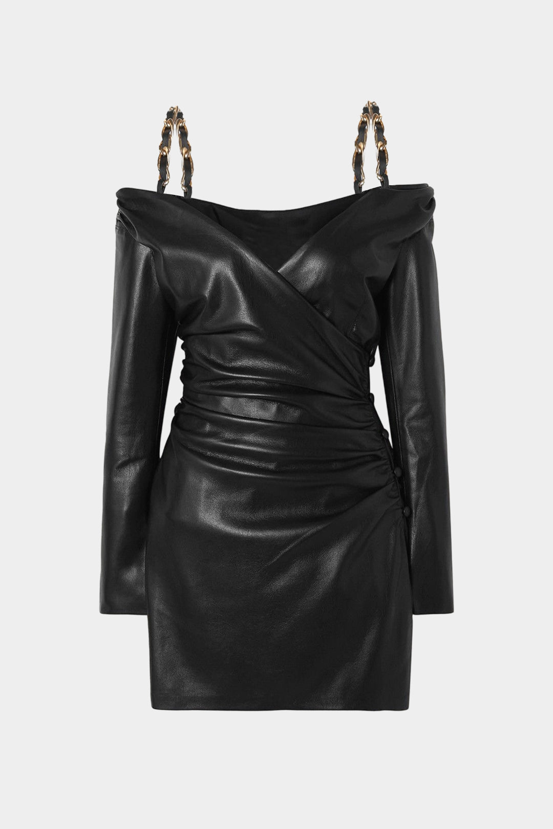 Faux Leather Chain Off Shoulder Long Sleeve Mini Dress