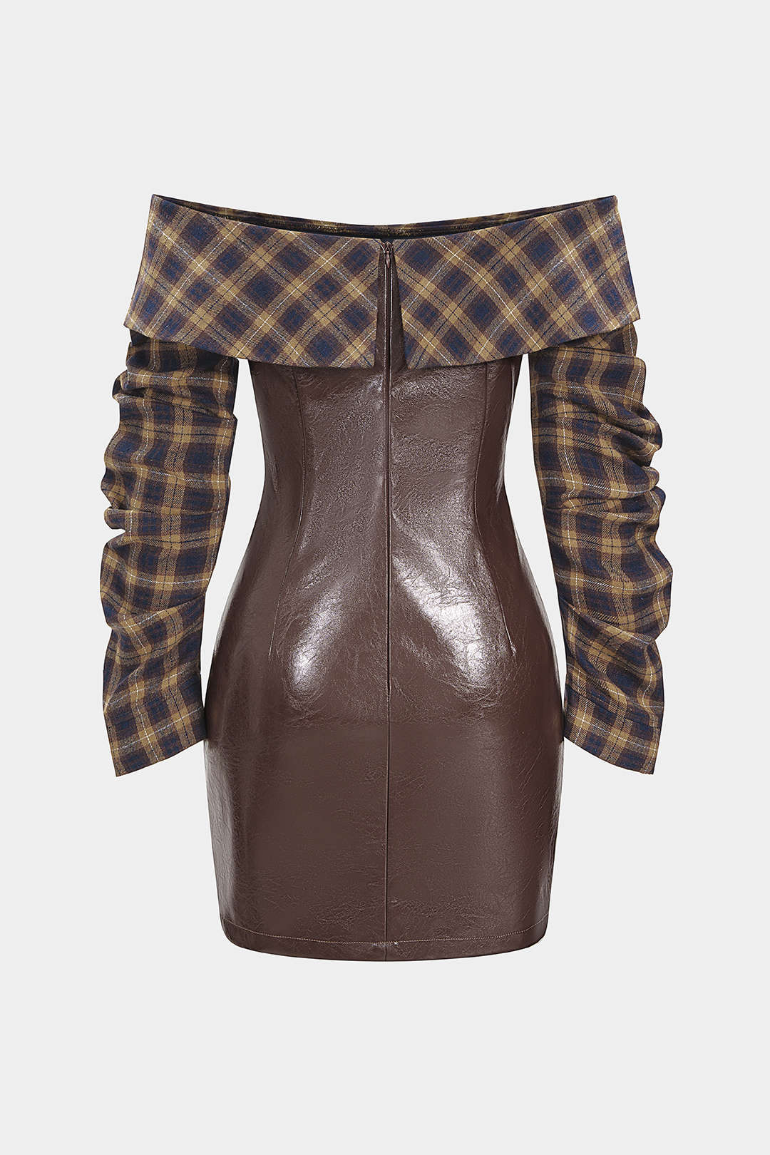 Faux Leather Patchwork Plaid Print Off Shoulder Zipper Long Sleeve Mini Dress