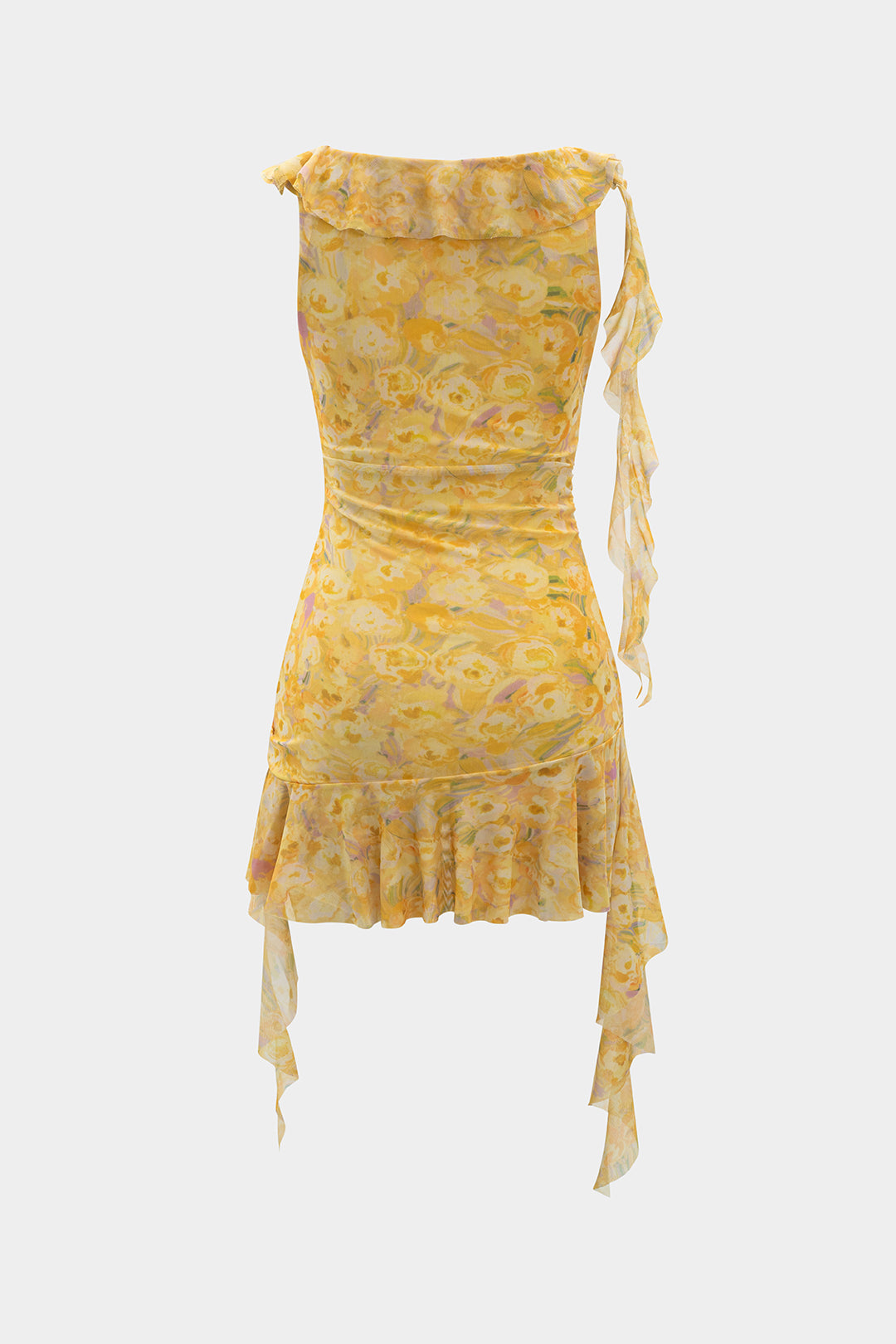 Vestido Mini Floral De Malla Con Volantes Y Escote En V