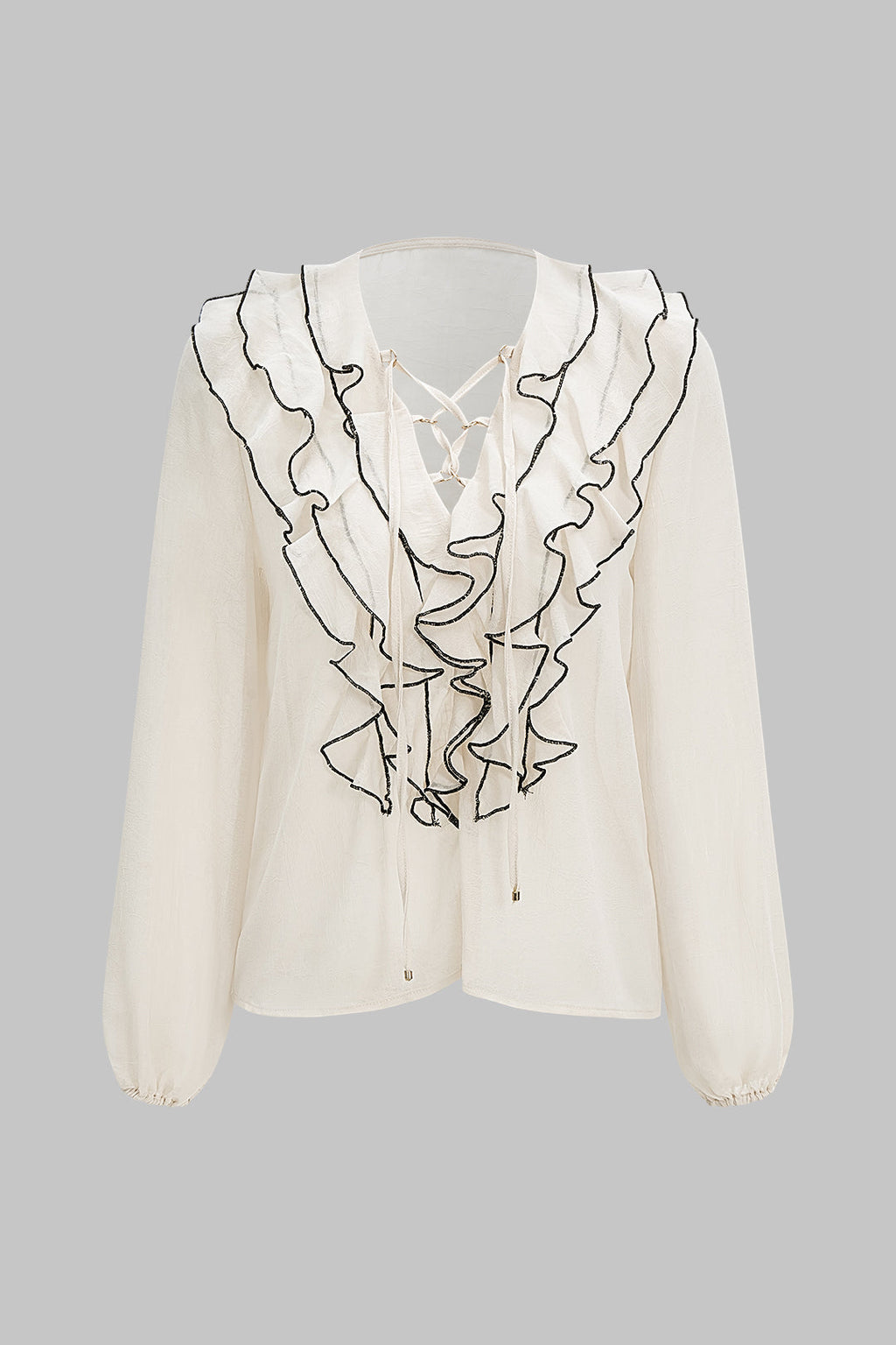 חולצת שיפון ארוכת שרוולים עם קפלים וקשירה 