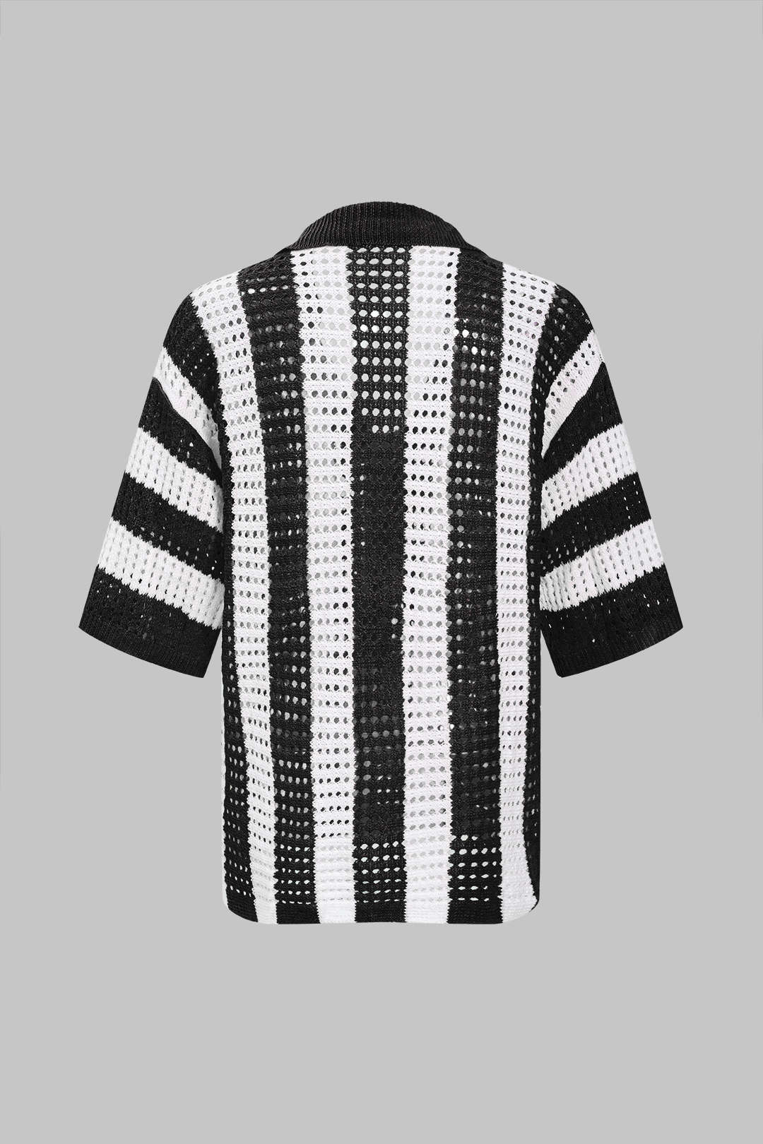 Conjunto Corto de Punto a Rayas Casual con Detalles Calados