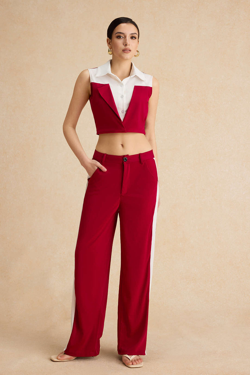 Conjunto Blusa Patchwork Sin Mangas Pantalón Con Bolsillos
