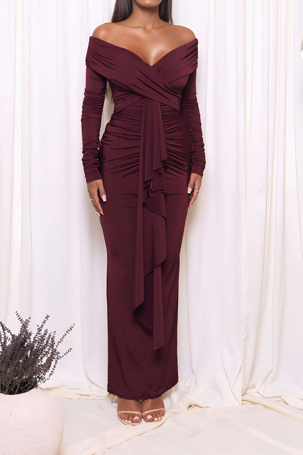 Vestido Maxi De Un Hombro Con Volantes Y Drapé Elegante