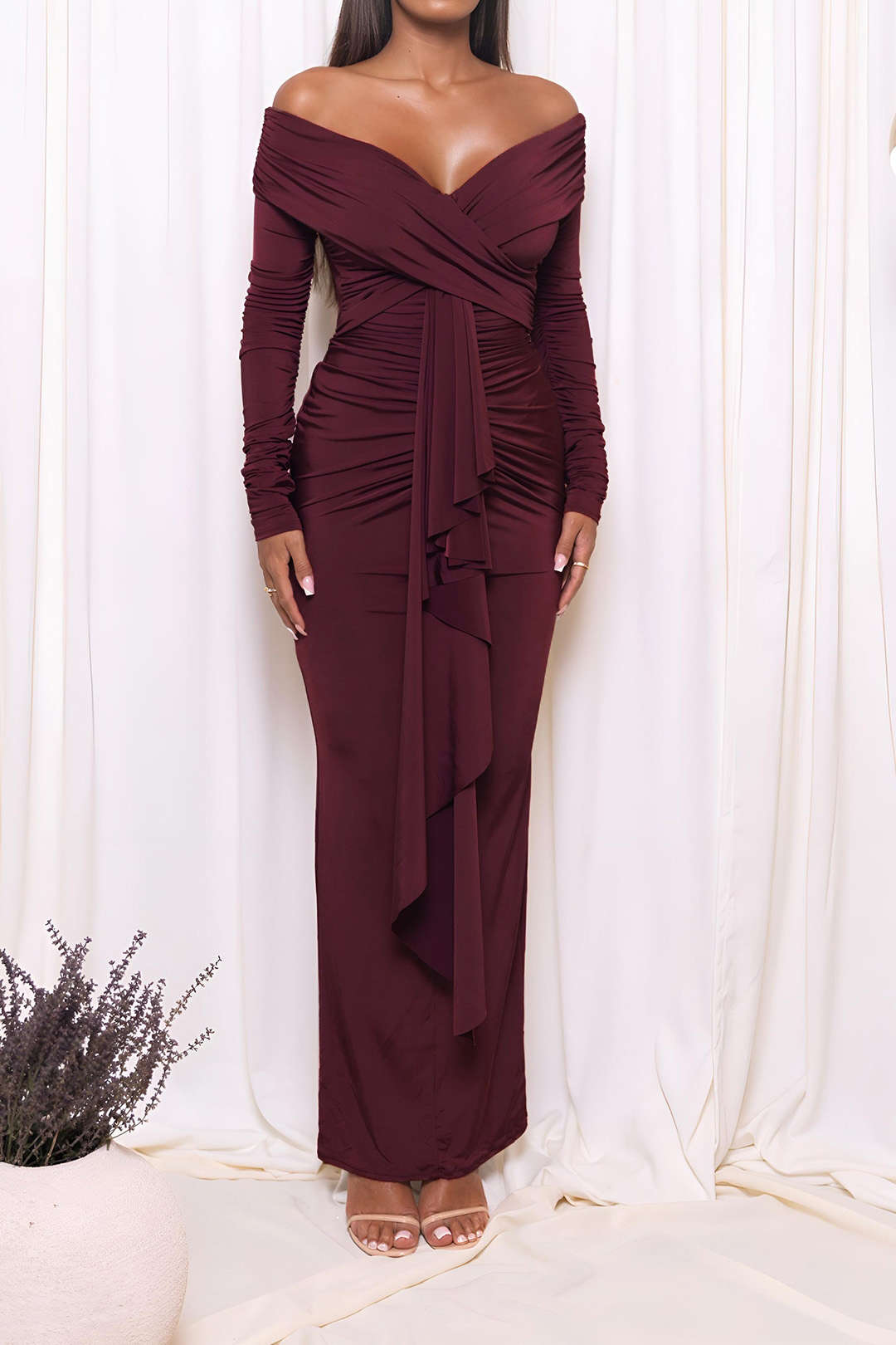 Vestido Maxi De Un Hombro Con Volantes Y Drapé Elegante
