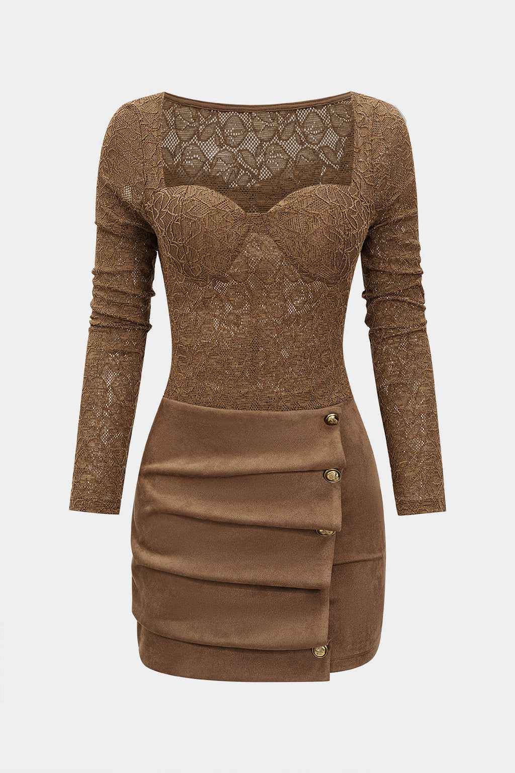 שמלת מיני עם שרוולים ארוכים וקשירה, כפתורי זמש 