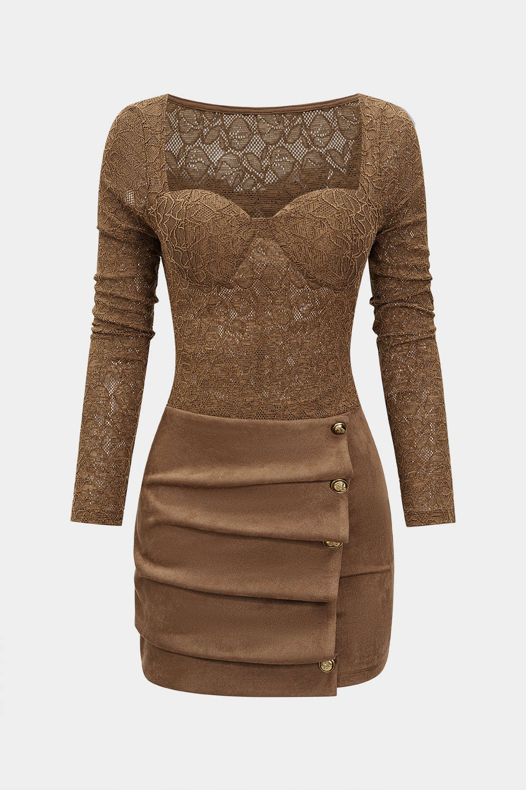 שמלת מיני עם שרוולים ארוכים וקשירה, כפתורי זמש 