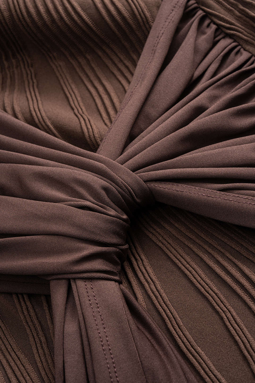 Patchwork Round Neck Tie Front Ruched Long Sleeve Maxi Dress