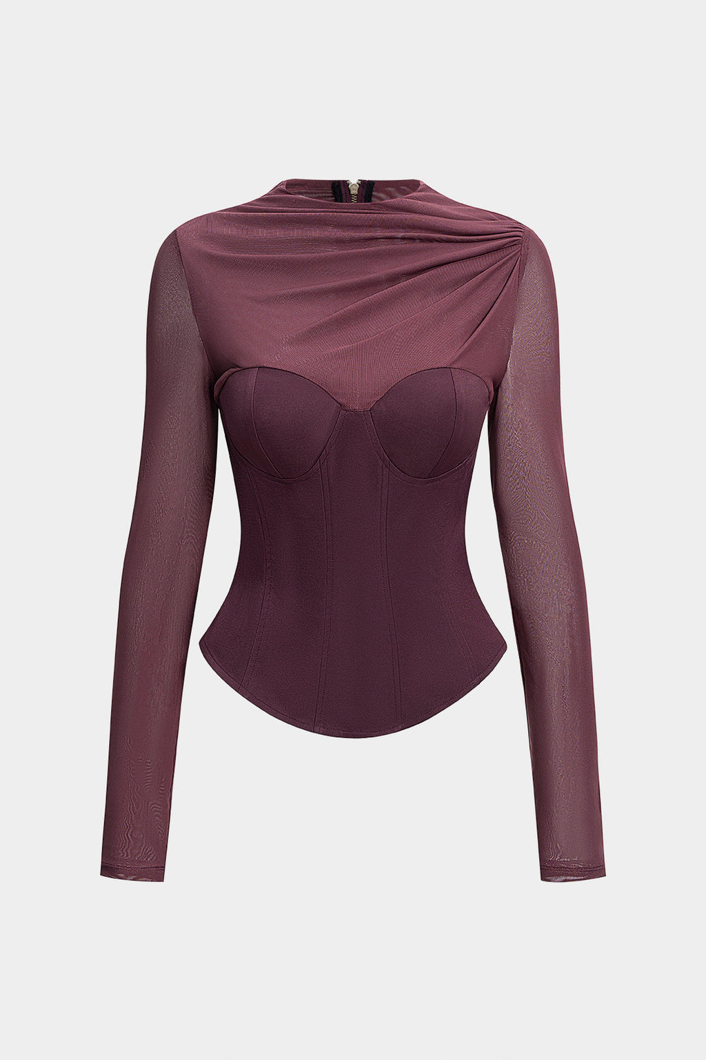 Mesh Patchwork Asymmetrical Ruched Long-Sleeve Top