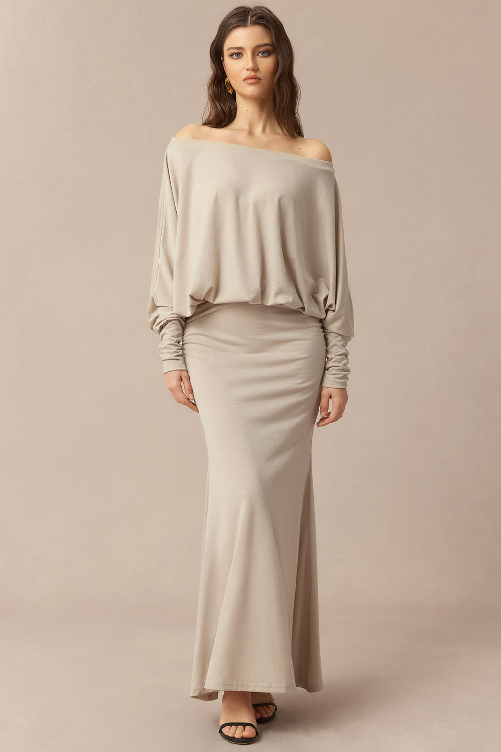 Off Shoulder Ruched Long Sleeve Maxi Dress