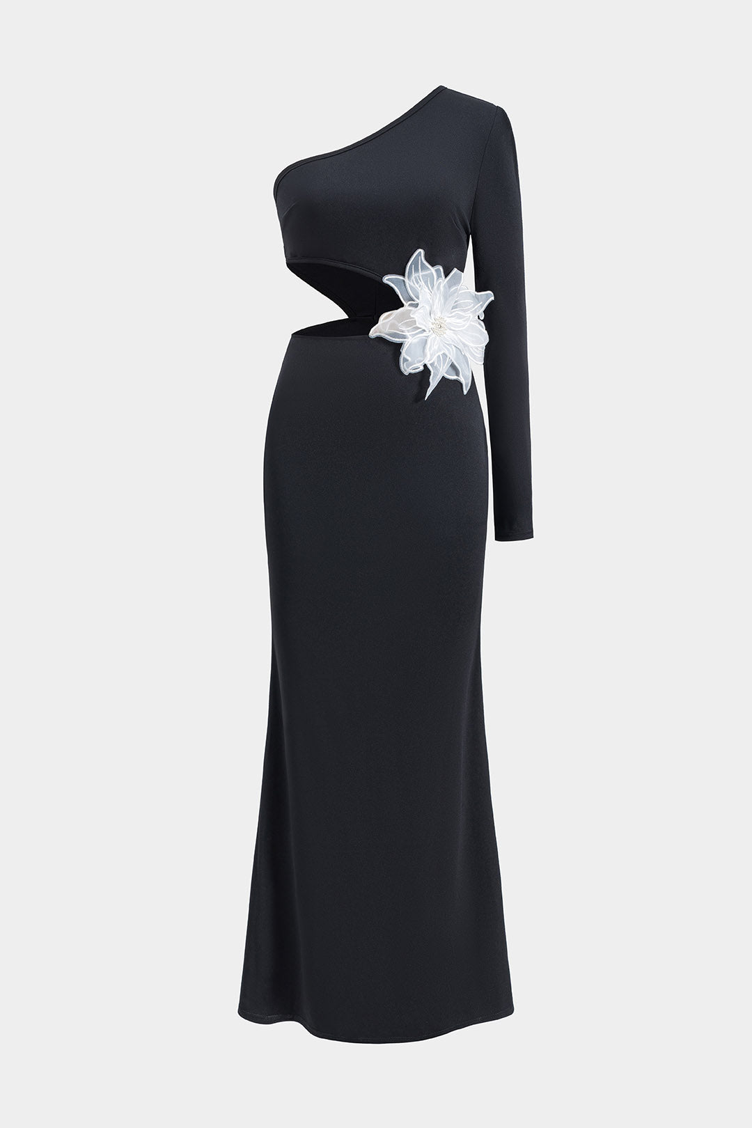 שמלת מקסי עם שרוולים ארוכים ורוכסן על כתף אחת עם חרוזים פרחוניים תלת-ממדיים 