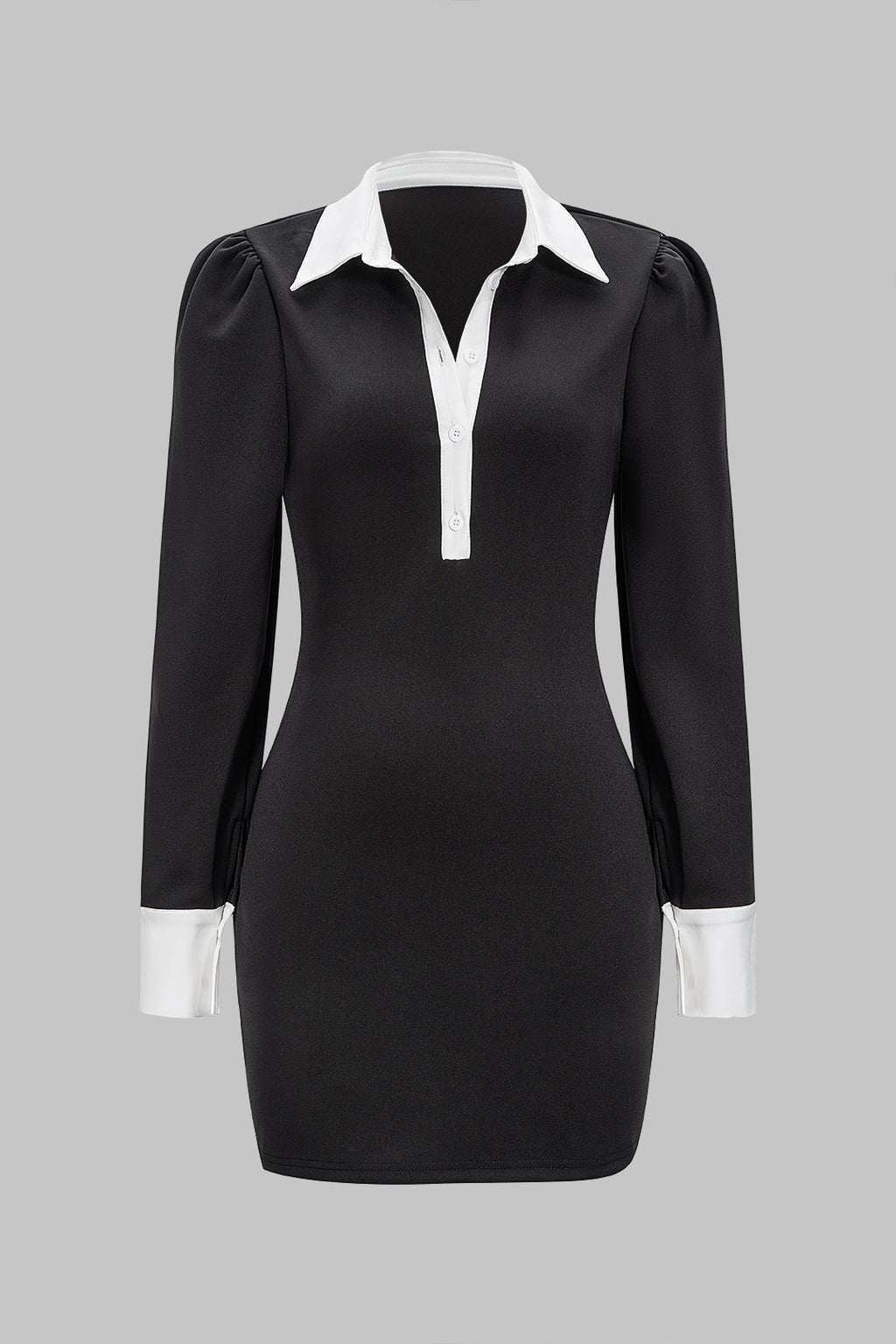 Contrast Collar Button Long Sleeve Mini Dress
