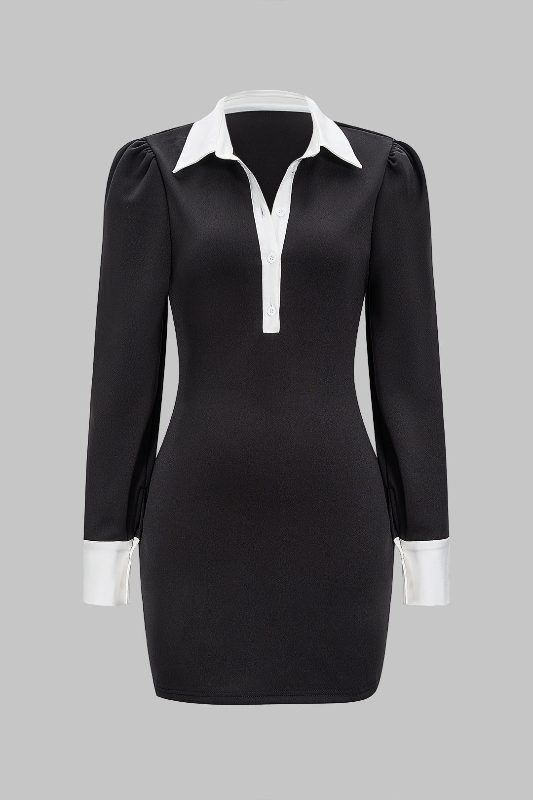 Contrast Collar Button Long Sleeve Mini Dress