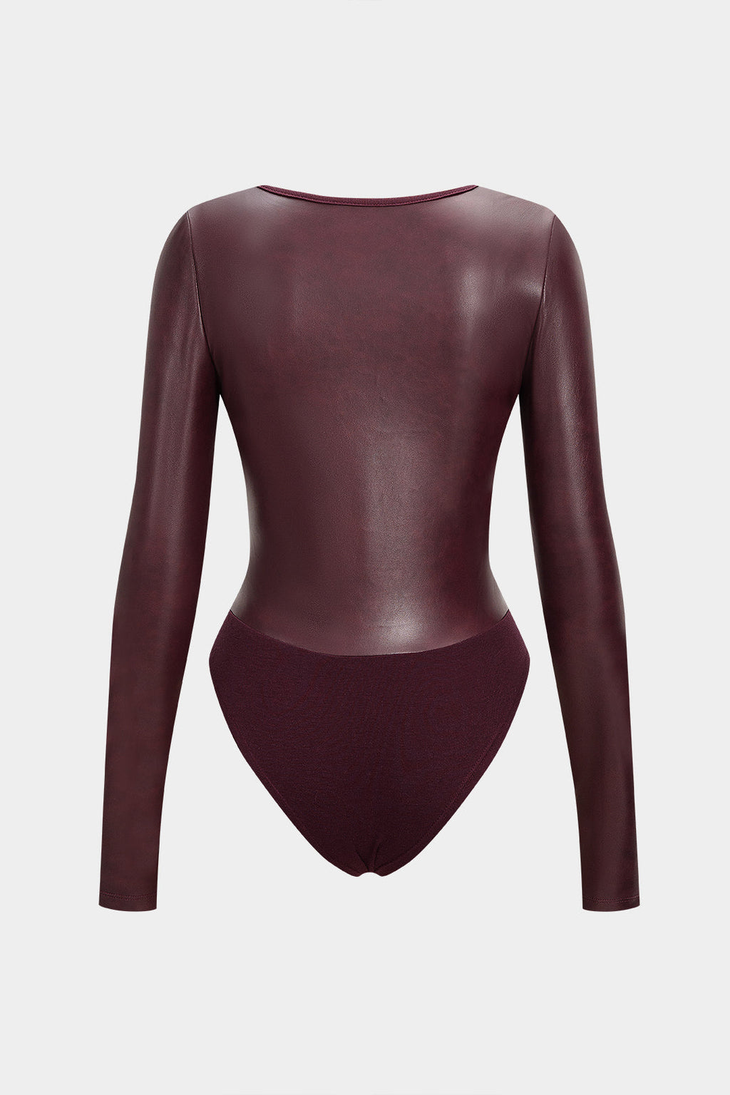 Faux Leather Patchwork Round Neck Long Sleeve Bodysuit