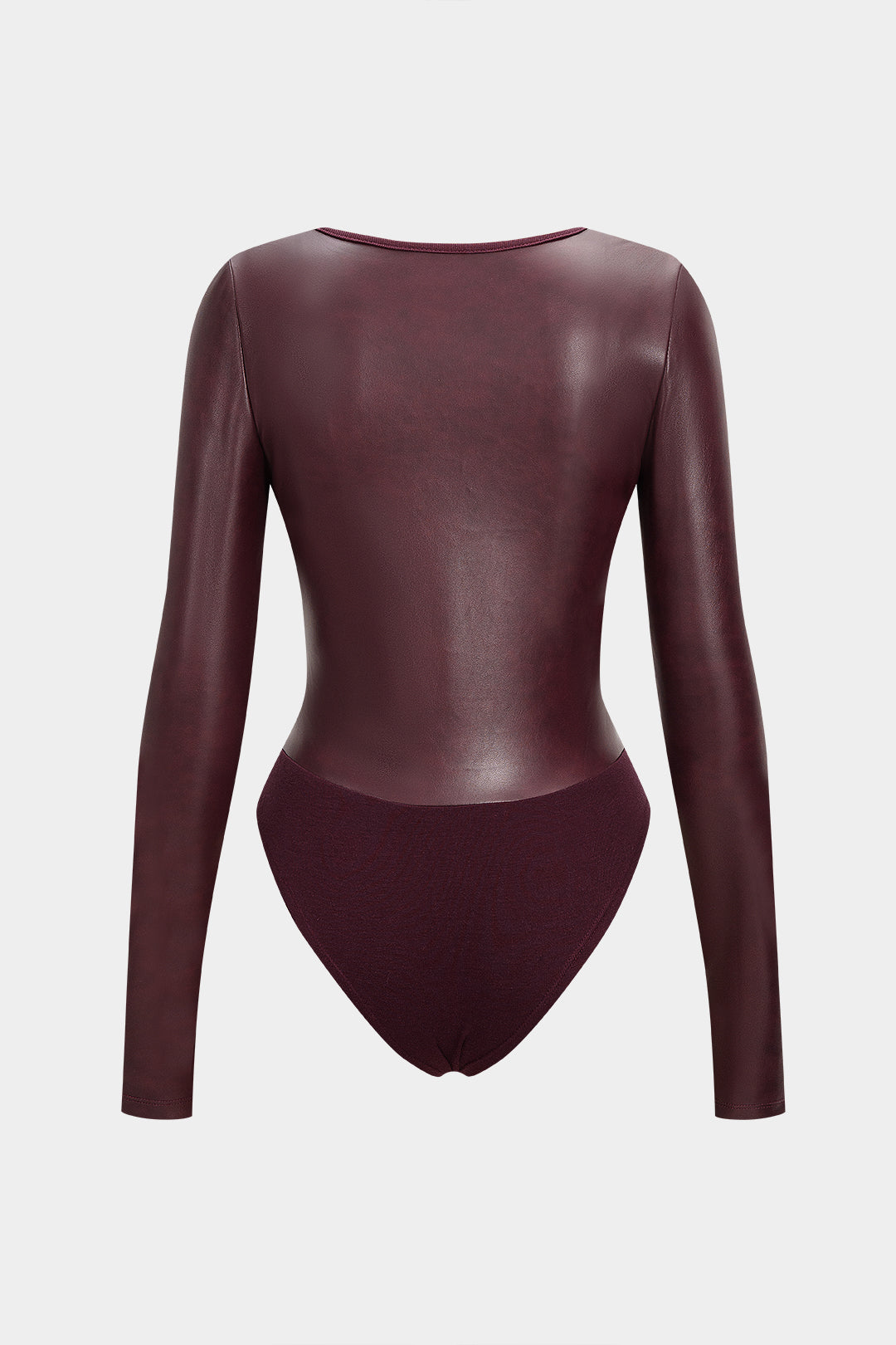 Faux Leather Patchwork Round Neck Long Sleeve Bodysuit