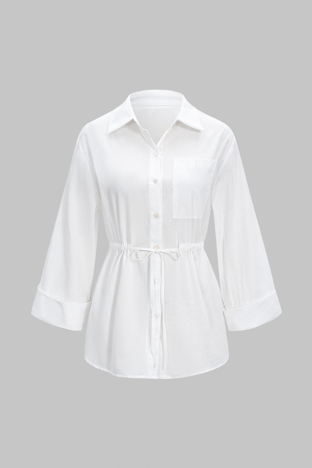 חולצת פשתן ארוכת שרוולים עם קשירה וכפתורים 