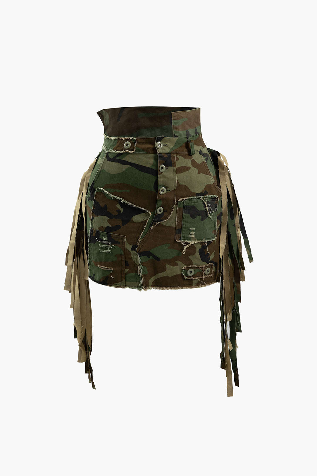 Falda Mini Camuflaje Deshilachada Con Flecos Y Encaje