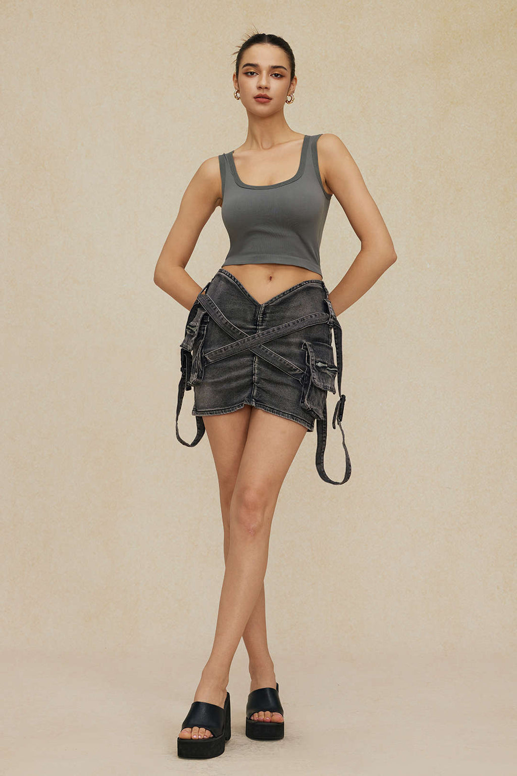 Falda Denim Cargo Cintura Elástica Con Bolsillos Clásica