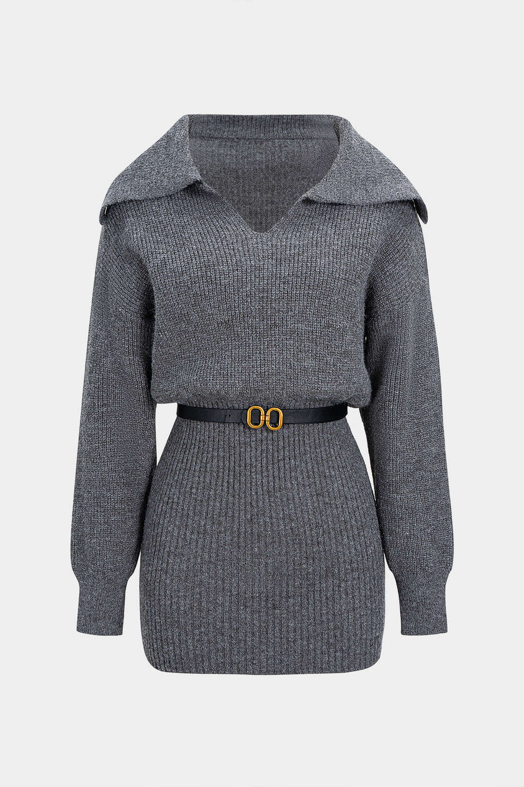 Knit Lapel Belted Long Sleeve Dress