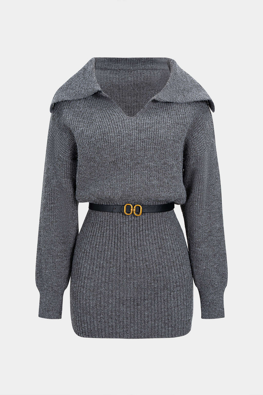 Knit Lapel Belted Long Sleeve Dress