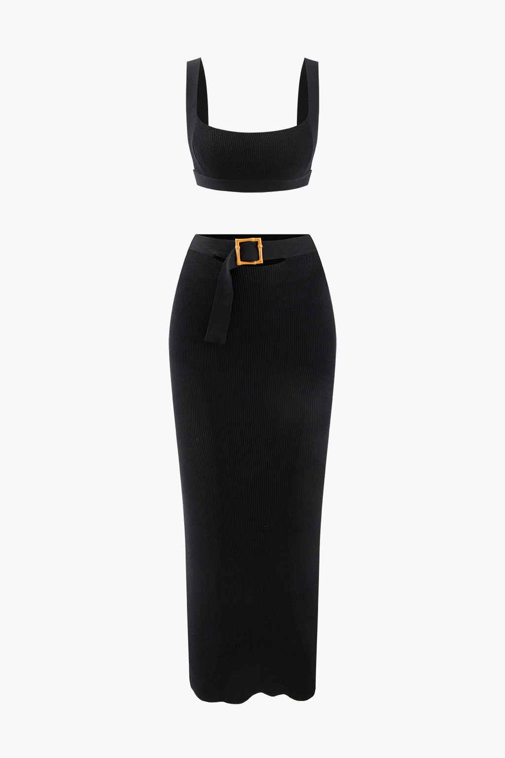 Conjunto Corto Cuello Cuadrado Punto Falda Midi Hebilla