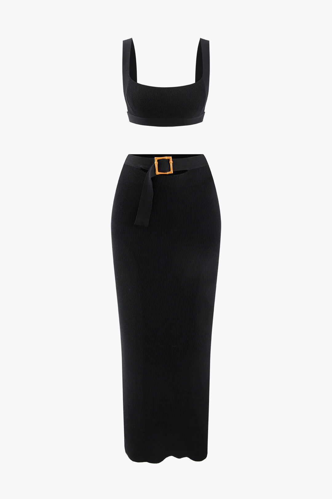 Conjunto Corto Cuello Cuadrado Punto Falda Midi Hebilla