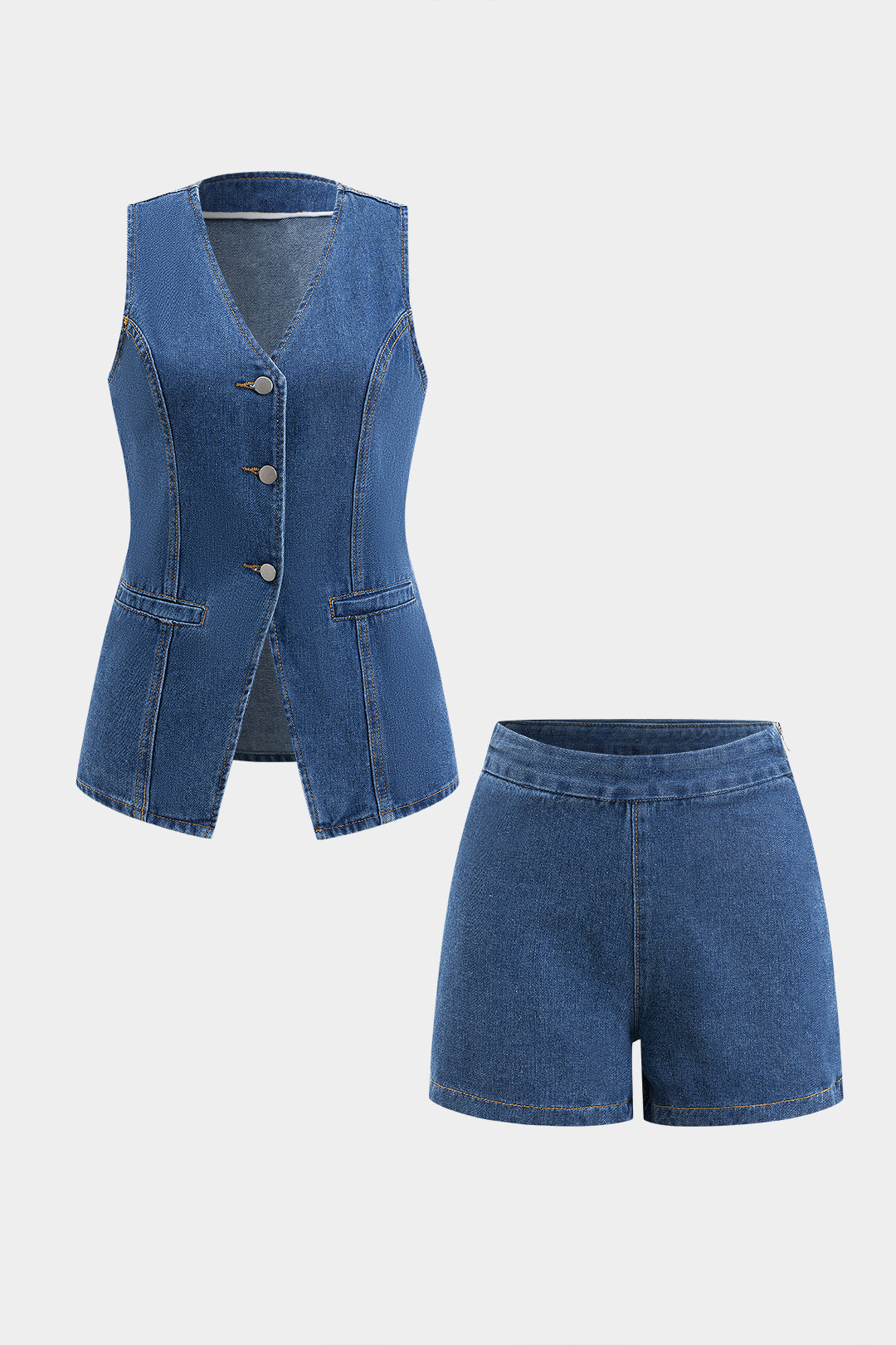 Conjunto Denim Tank Top Y Shorts Con Botones Y Cinturón