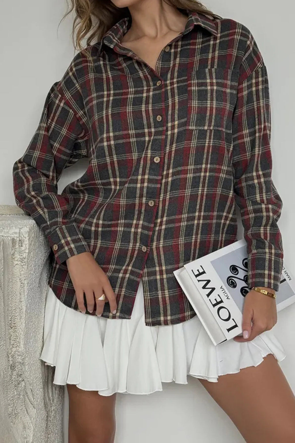 Retro Plaid Print Button Long-Sleeve Shirt