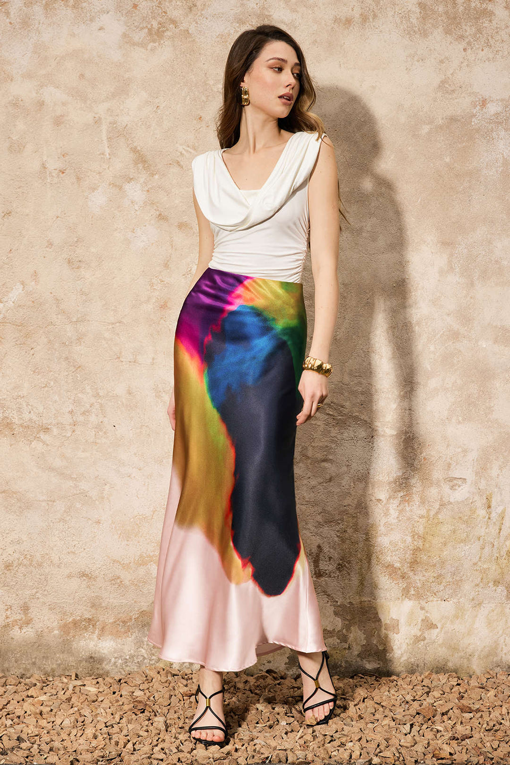 Contrast Print Satin Zipper Skirt