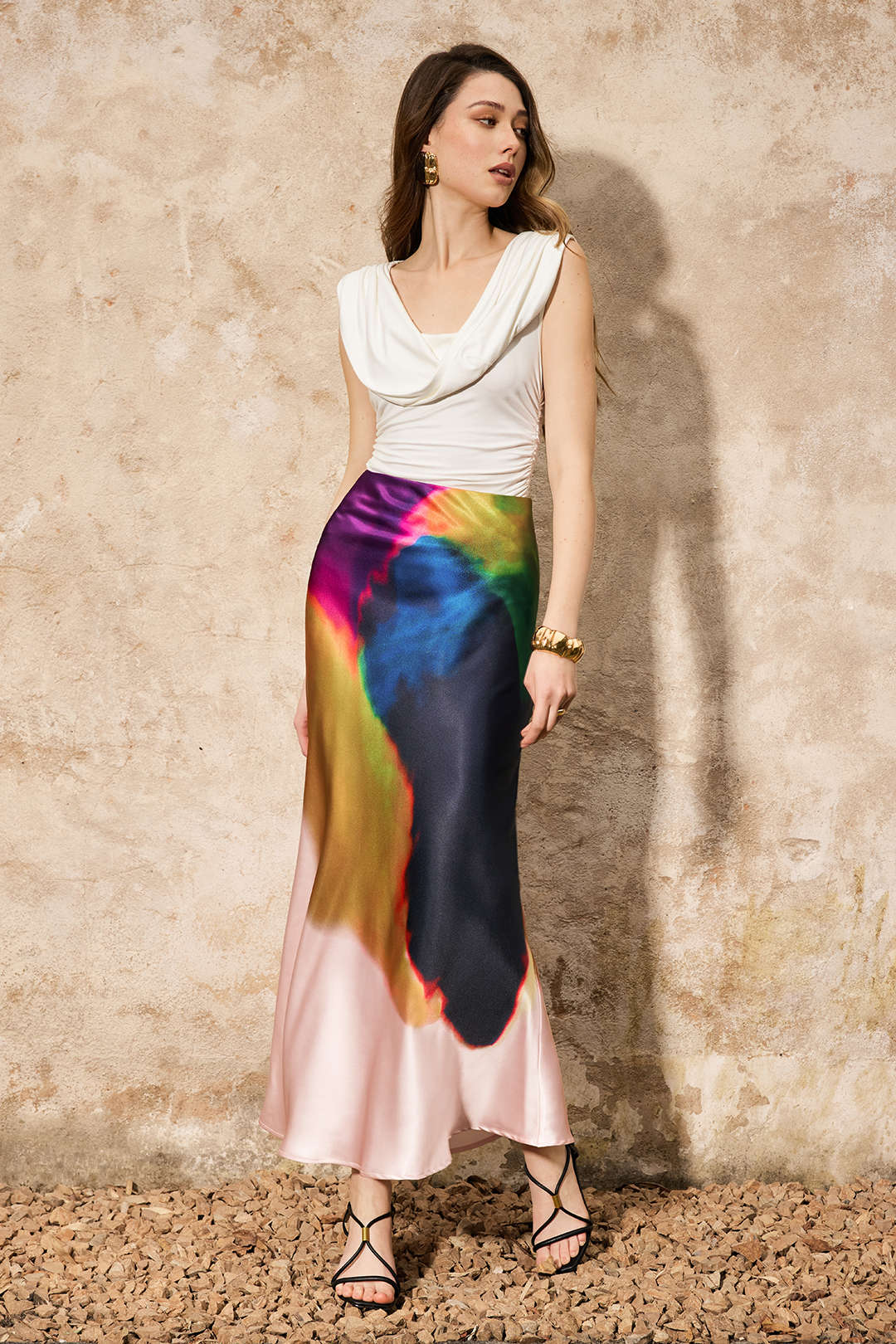 Contrast Print Satin Zipper Skirt