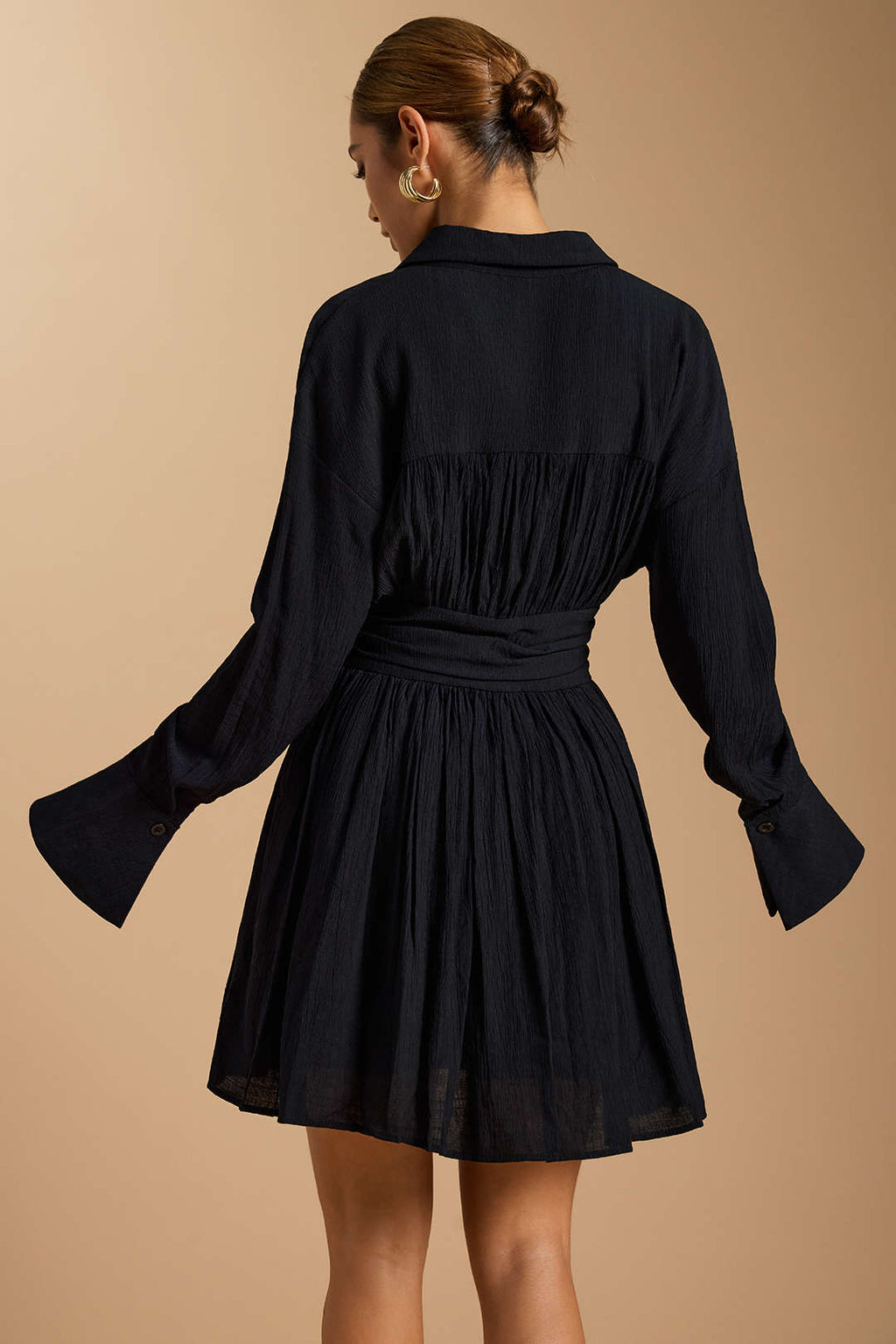 Button Ruched Long Sleeve Mini Dress