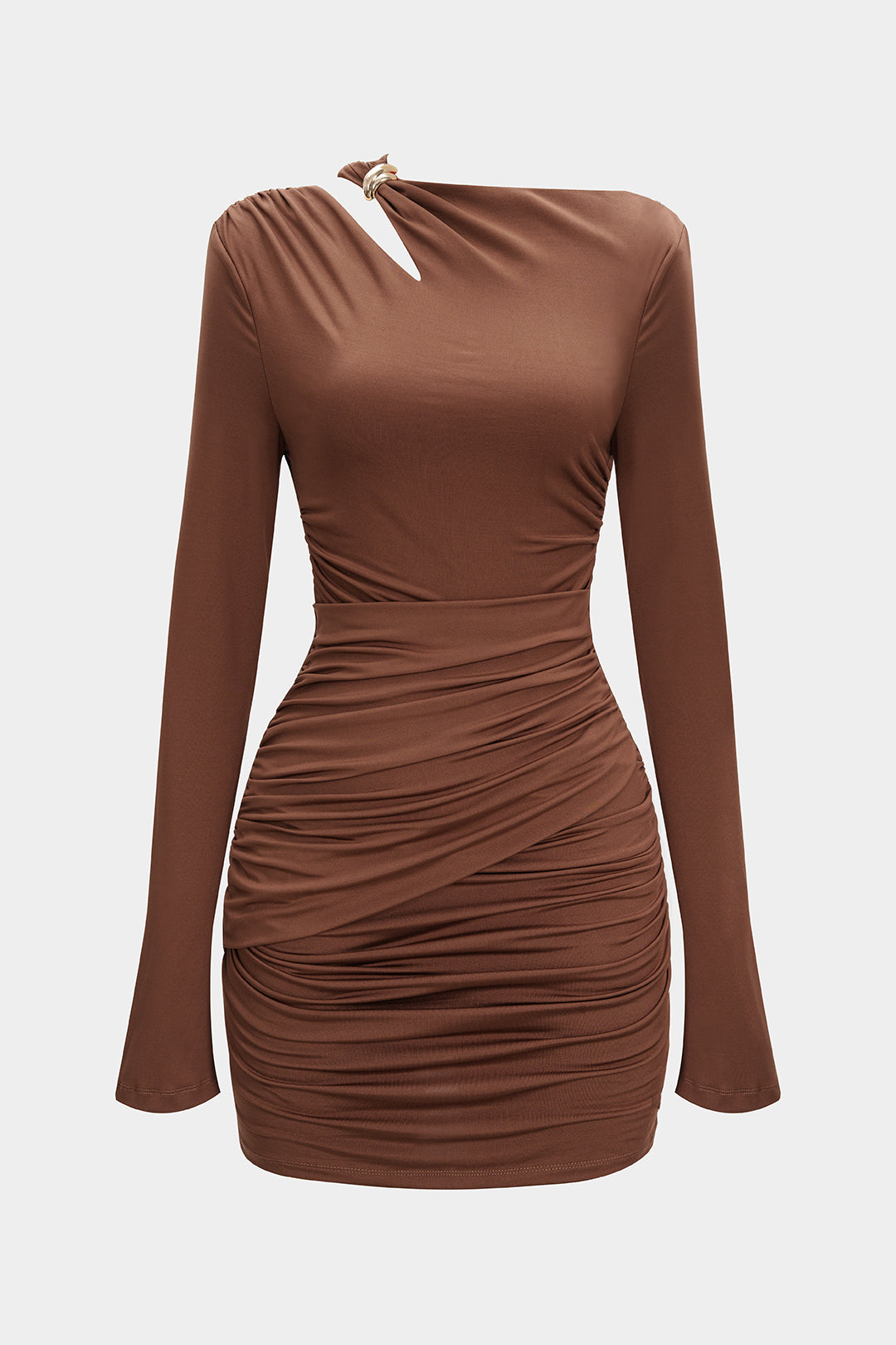 Asymmetrical Neck Ruched Long Sleeve Mini Dress