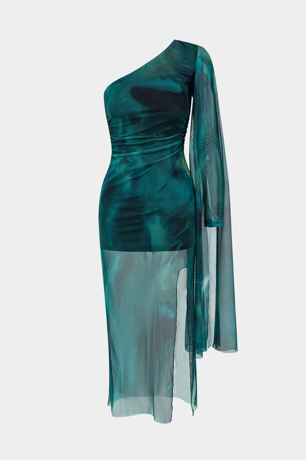 Tie Dye Mesh One Shoulder Slit Midi Dress