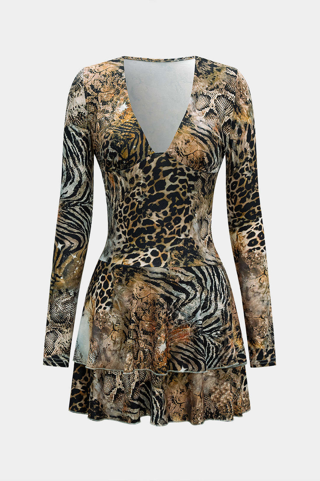 שמלת מיני עם שרוולים ארוכים וצווארון V עם הדפס נמר 