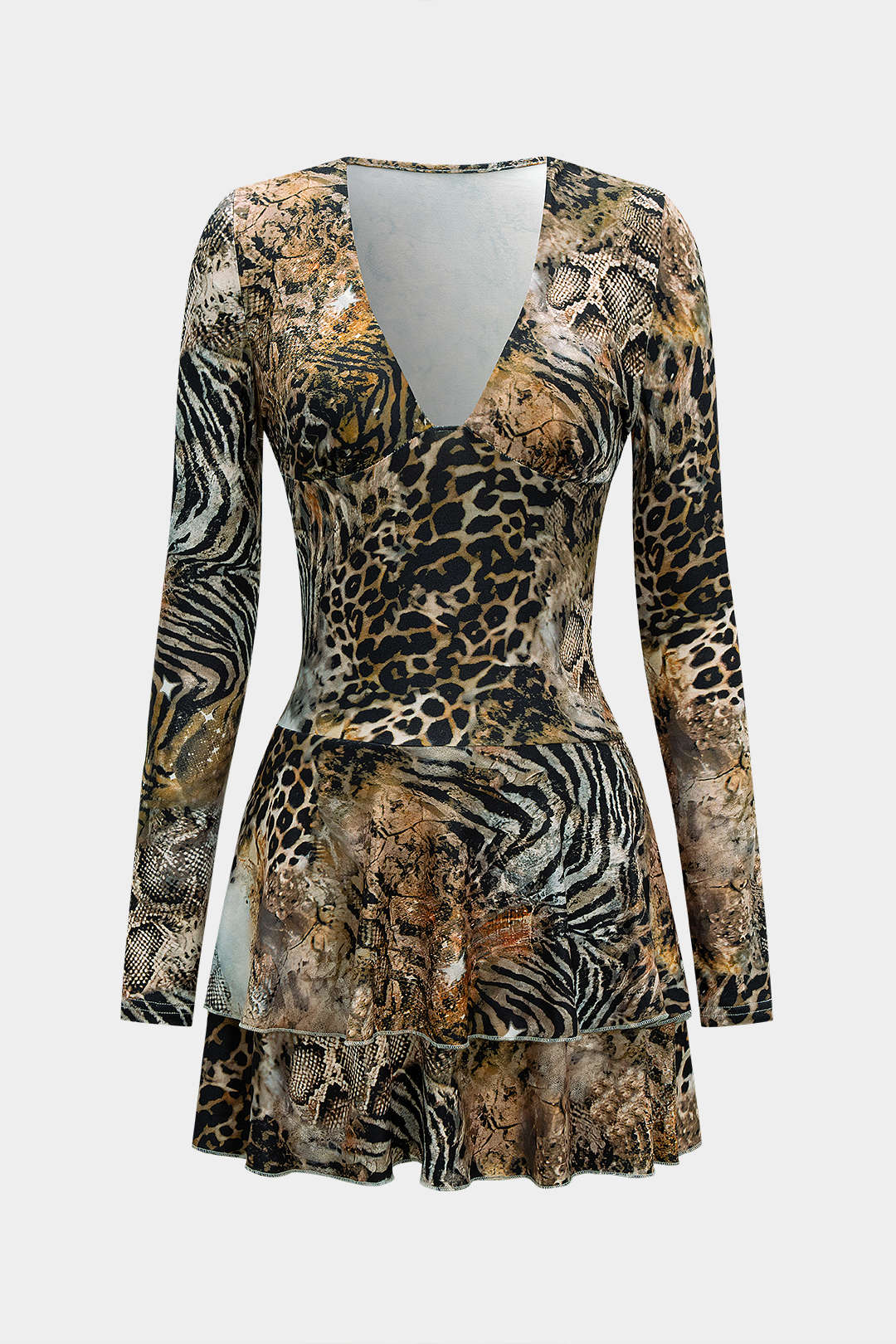 שמלת מיני עם שרוולים ארוכים וצווארון V עם הדפס נמר 