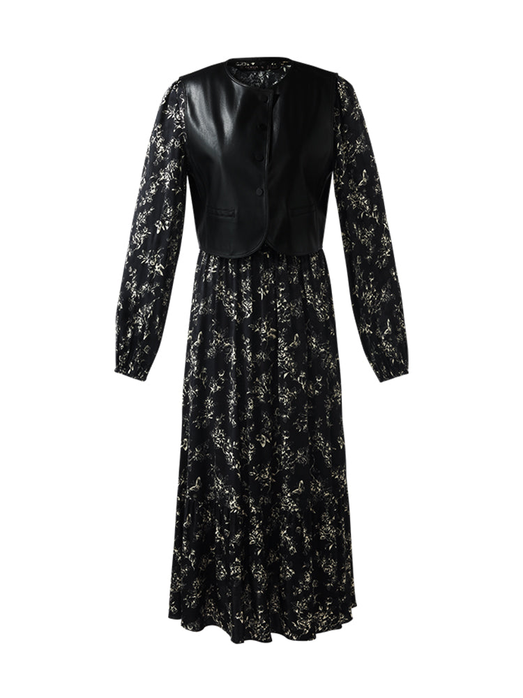 Conjunto Chaleco Eco Cuero Vegano y Vestido Midi Floral