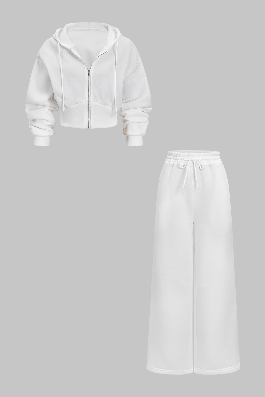 Drawstring Zipper Hoodie And Shirred Waistband Pants Set