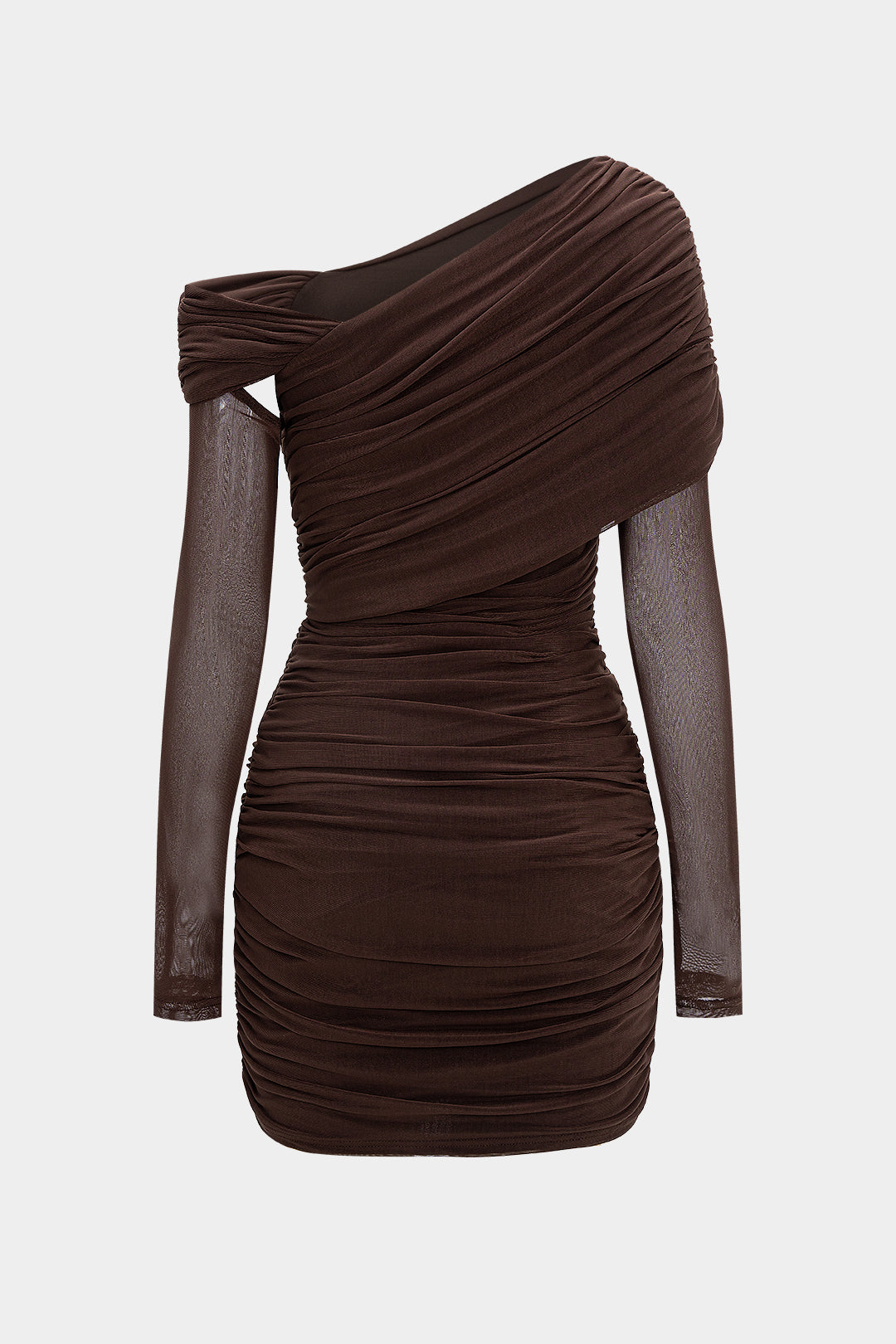 Mesh Ruched Asymmetrical Cut Out Long Sleeve Mini Dress