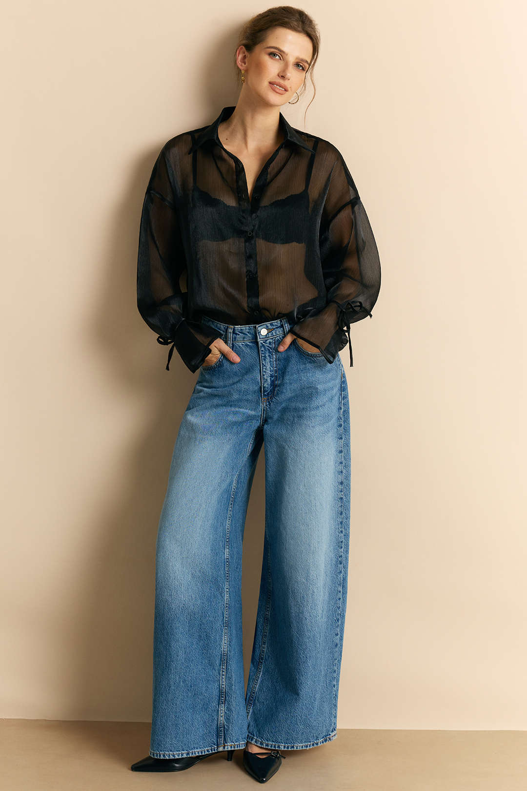 חולצת רשת שקופה עם קשירה ולפנטר ארוכת שרוולים 