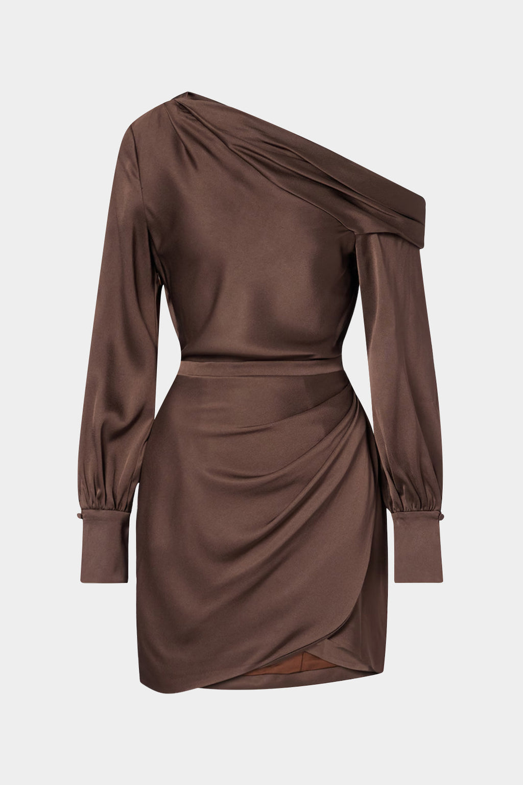 שמלת מיני עם צווארון א-סימטרי ושרוולים ארוכים של סאטן 