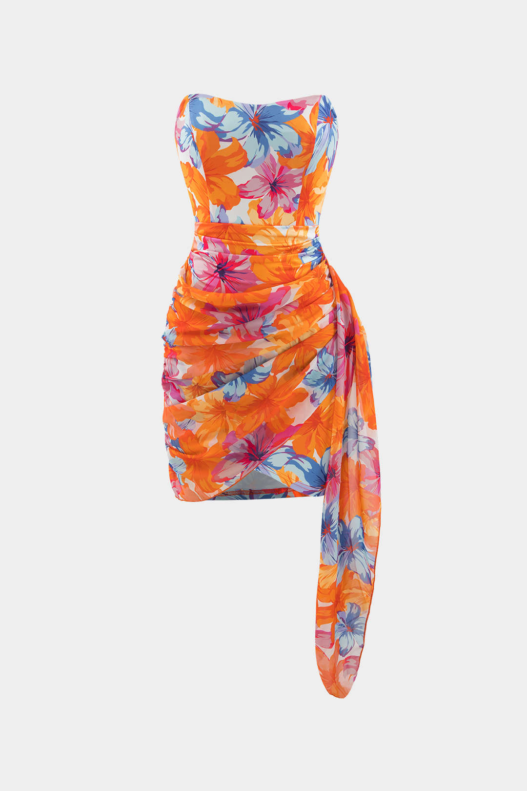 Vestido Mini Floral Envolvente Sin Tirantes Fruncido