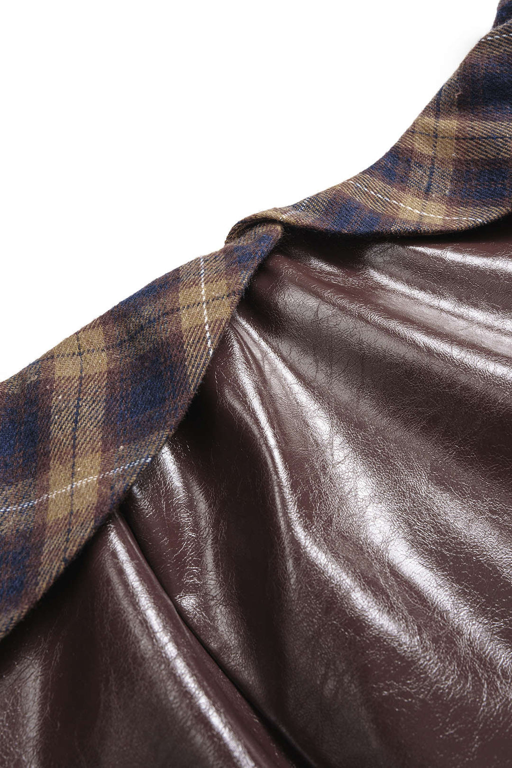 Faux Leather Patchwork Plaid Print Off Shoulder Zipper Long Sleeve Mini Dress